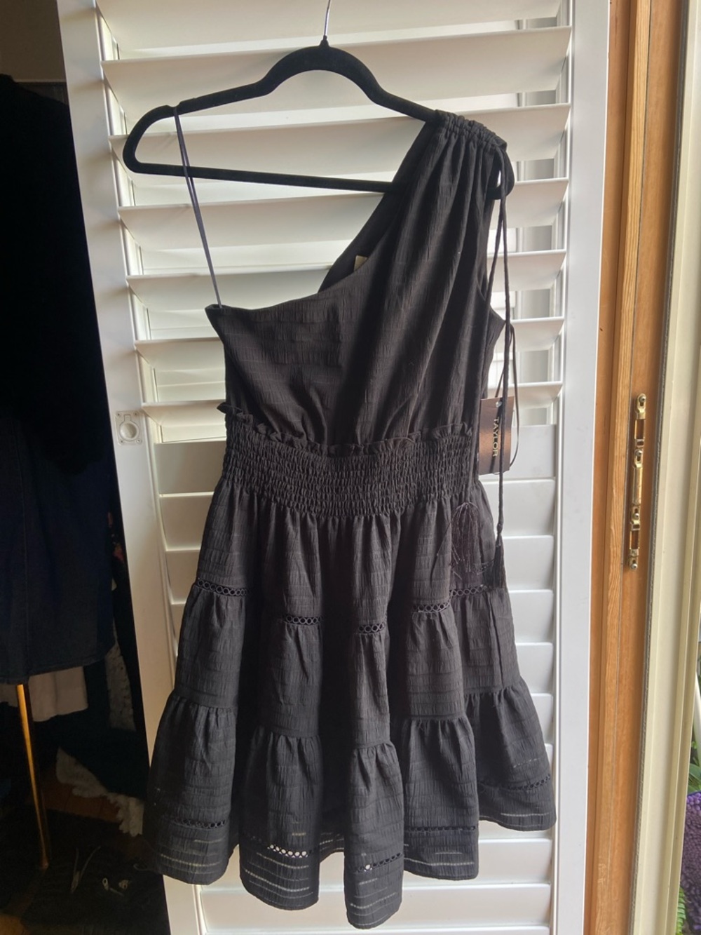 Taylor Black One-Shoulder Tiered Summer Dress